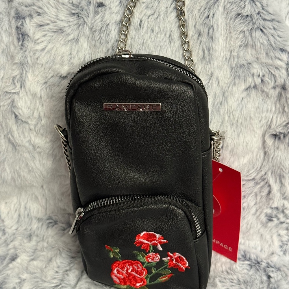 Rampage Crossbody Bag Womens Black Phone Chain Strap Floral Embroidery NWT